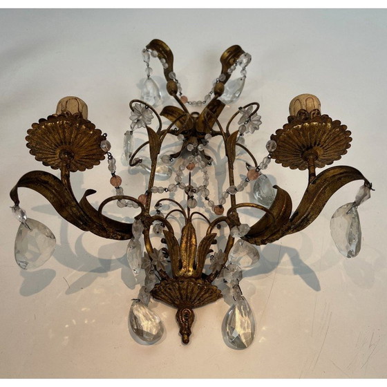 Image 1 of Pair of gilded metal and crystals wall sconces. French work in the style of Maison Baguès