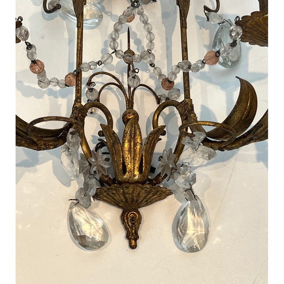 Image 1 of Pair of gilded metal and crystals wall sconces. French work in the style of Maison Baguès