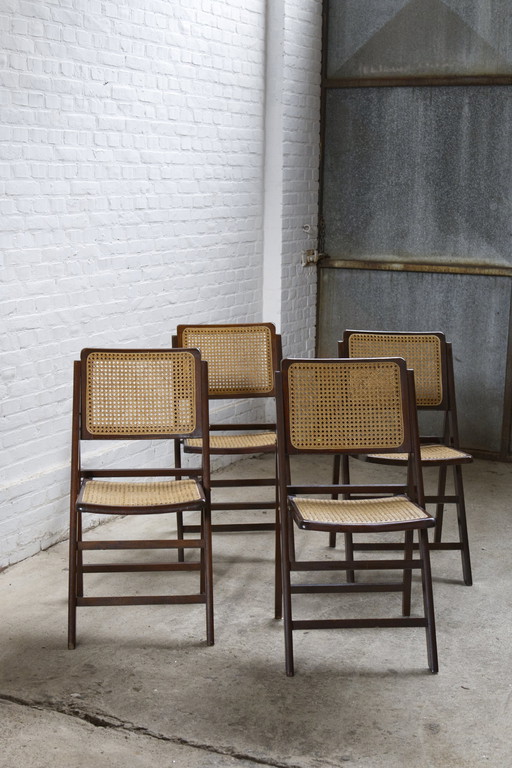 Set Of 4 Mid-Century Folding Chairs With Viennese Weave, Italy, 1970S