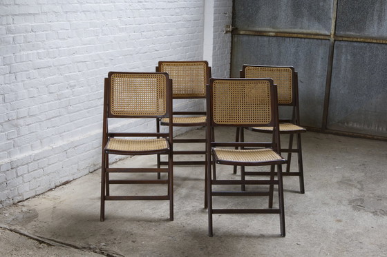 Image 1 of Set Of 4 Mid-Century Folding Chairs With Viennese Weave, Italy, 1970S