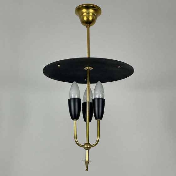 Image 1 of Midcentury Black Metal & Brass Pendant Lantern, 1950S