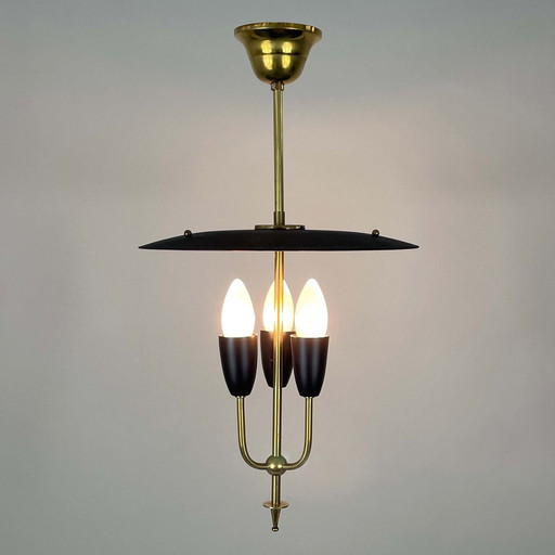 Midcentury Black Metal & Brass Pendant Lantern, 1950S