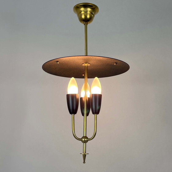 Image 1 of Midcentury Black Metal & Brass Pendant Lantern, 1950S