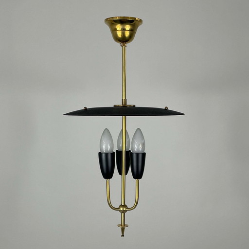 Midcentury Black Metal & Brass Pendant Lantern, 1950S