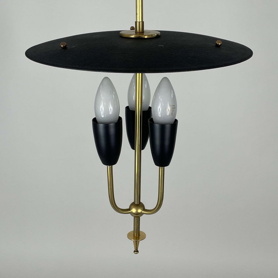 Image 1 of Midcentury Black Metal & Brass Pendant Lantern, 1950S