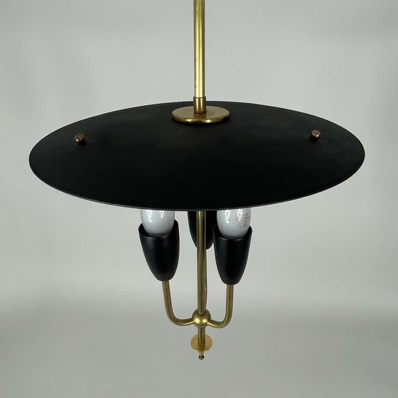 Image 1 of Midcentury Black Metal & Brass Pendant Lantern, 1950S