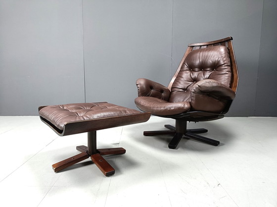 Image 1 of Fauteuil pivotant vintage en cuir attribué à Hans Brattrud , 1960s