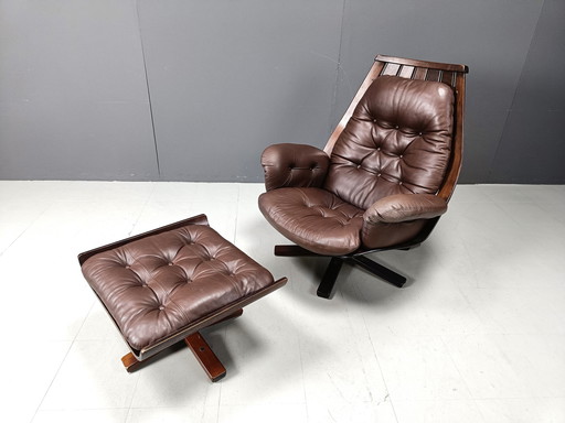 Fauteuil pivotant vintage en cuir attribué à Hans Brattrud , 1960s