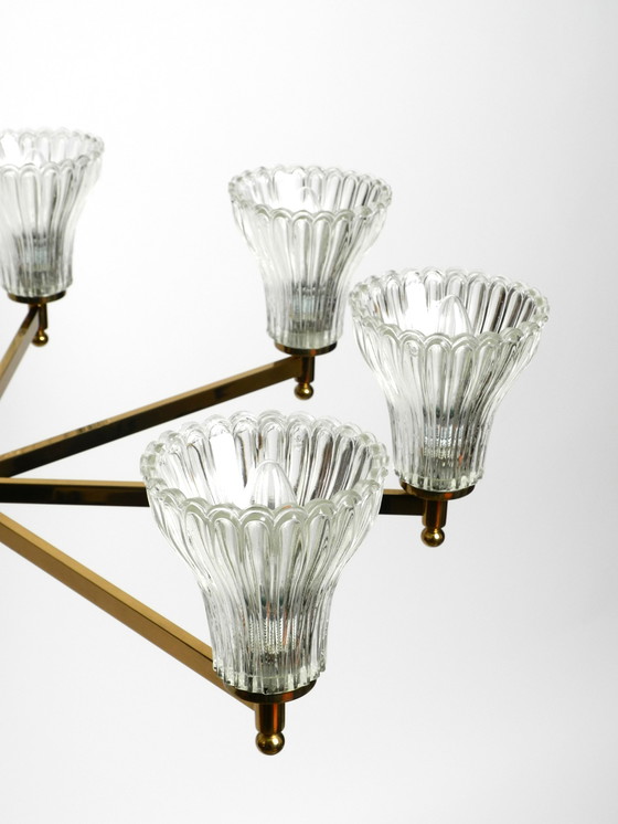 Image 1 of Beautiful large 1960s 8-arm brass chandelier with glass shades | by Kaiser Leuchten | Ø 76 cm | 29.9"