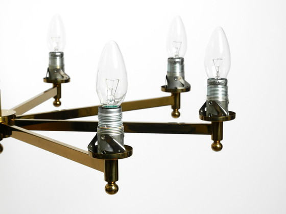 Image 1 of Beautiful large 1960s 8-arm brass chandelier with glass shades | by Kaiser Leuchten | Ø 76 cm | 29.9"