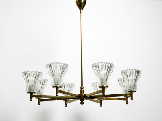 Image 1 of Beautiful large 1960s 8-arm brass chandelier with glass shades | by Kaiser Leuchten | Ø 76 cm | 29.9"