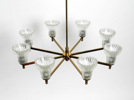 Image 1 of Beautiful large 1960s 8-arm brass chandelier with glass shades | by Kaiser Leuchten | Ø 76 cm | 29.9"