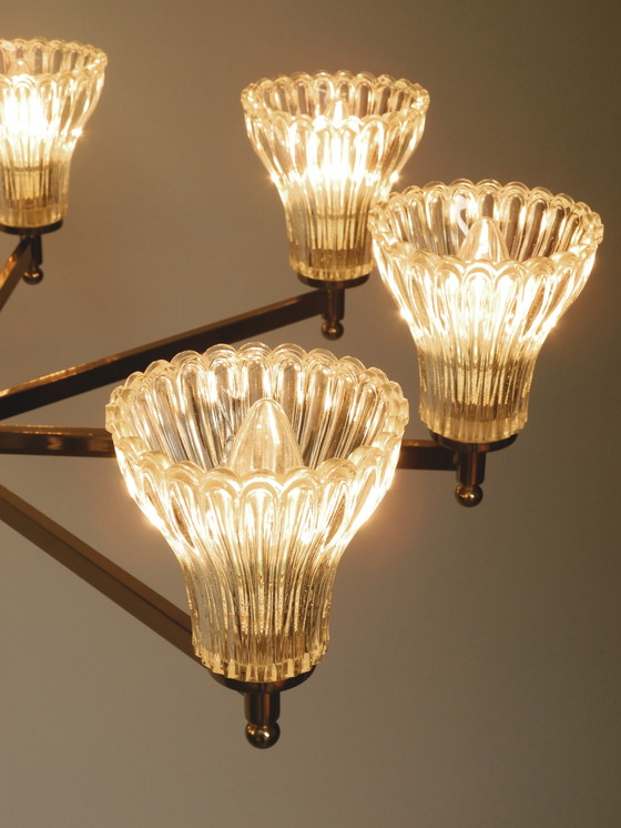 Image 1 of Beautiful large 1960s 8-arm brass chandelier with glass shades | by Kaiser Leuchten | Ø 76 cm | 29.9"