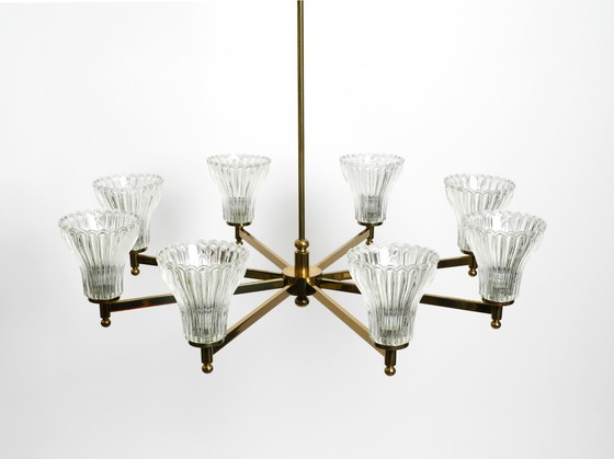 Image 1 of Beautiful large 1960s 8-arm brass chandelier with glass shades | by Kaiser Leuchten | Ø 76 cm | 29.9"