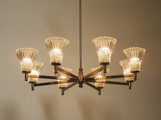 Image 1 of Beautiful large 1960s 8-arm brass chandelier with glass shades | by Kaiser Leuchten | Ø 76 cm | 29.9"