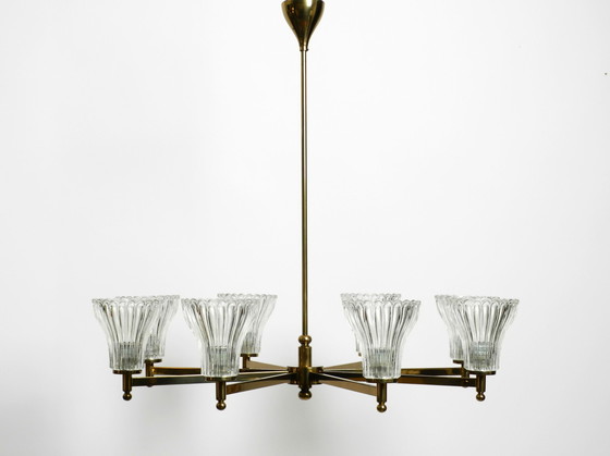 Image 1 of Beautiful large 1960s 8-arm brass chandelier with glass shades | by Kaiser Leuchten | Ø 76 cm | 29.9"