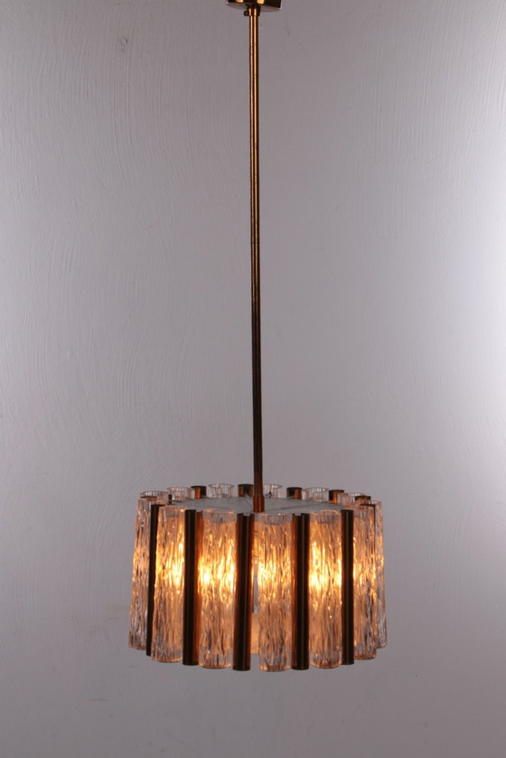 Image 1 of Kaiser Leuchten Lampadario vintage rotondo in vetro cristallo ghiaccio, anni '60