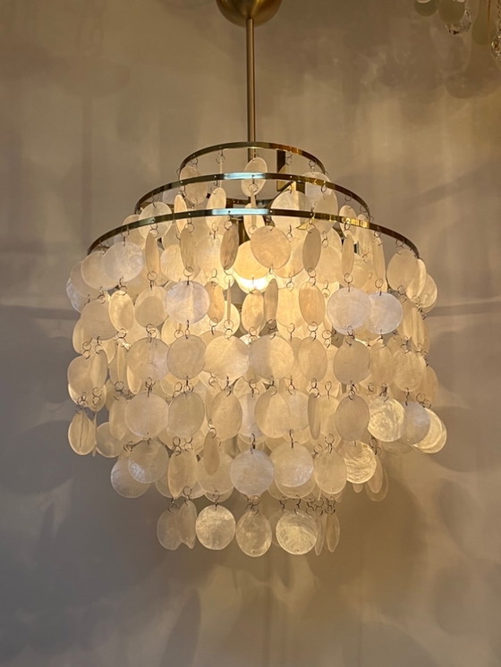 Image 1 of Capiz Pendant Lamp Gold Frame Shells Pearl Opaline