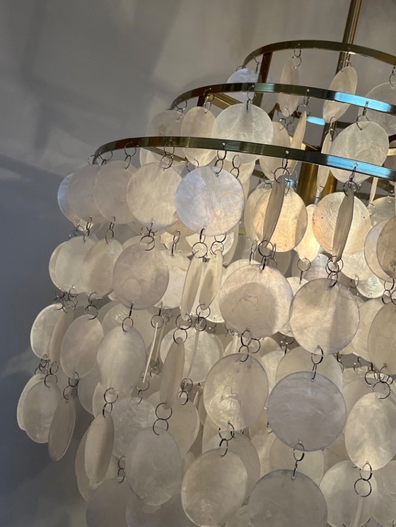 Image 1 of Capiz Pendant Lamp Gold Frame Shells Pearl Opaline