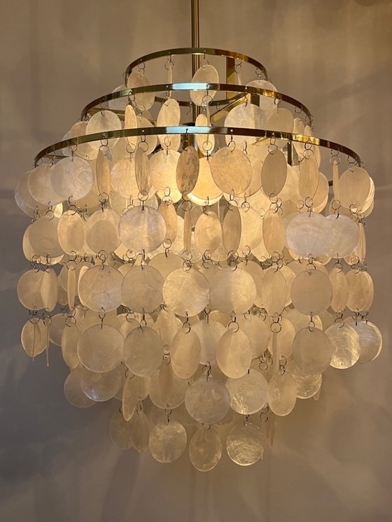 Image 1 of Capiz Pendant Lamp Gold Frame Shells Pearl Opaline