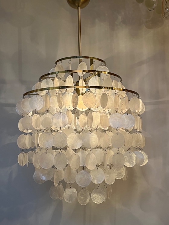 Image 1 of Capiz Pendant Lamp Gold Frame Shells Pearl Opaline