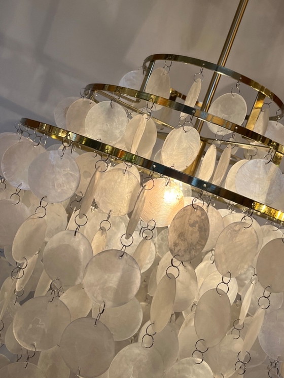 Image 1 of Capiz Pendant Lamp Gold Frame Shells Pearl Opaline