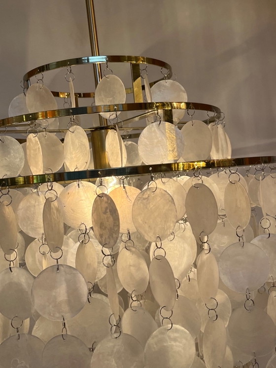 Image 1 of Capiz Pendant Lamp Gold Frame Shells Pearl Opaline