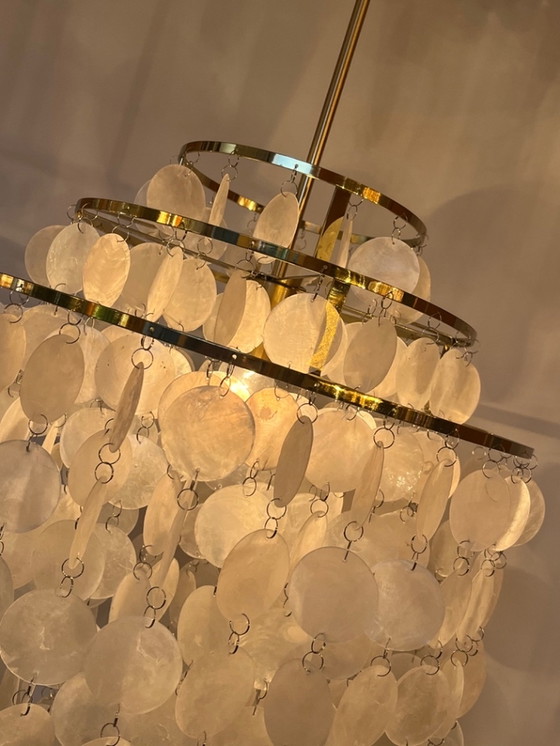 Image 1 of Capiz Pendant Lamp Gold Frame Shells Pearl Opaline