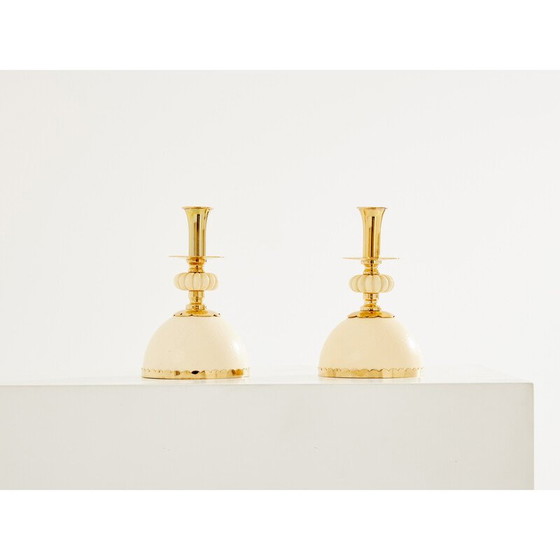Image 1 of Pair of vintage brass ostrich egg candlesticks by Christian Dior, 1970