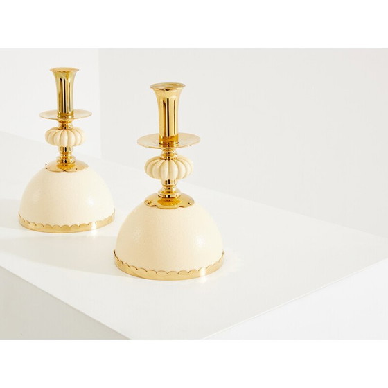 Image 1 of Pair of vintage brass ostrich egg candlesticks by Christian Dior, 1970
