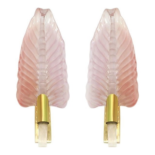 Set Of Two Mid-Century Modern Pink Leaf Murano Glass Wall Sconces