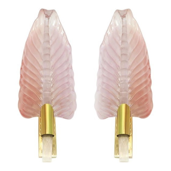 Image 1 of Set Of Two Mid-Century Modern Pink Leaf Murano Glass Wall Sconces