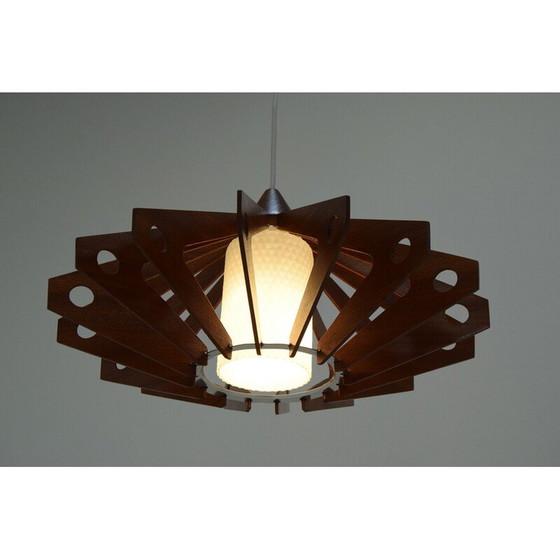 Image 1 of Vintage pendant lamp in wood and glass by Drevo Humpolec, Czechoslovakia 1970