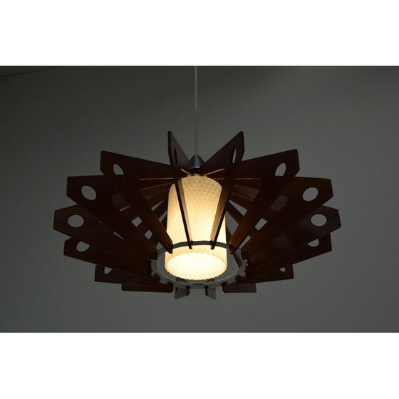 Image 1 of Vintage pendant lamp in wood and glass by Drevo Humpolec, Czechoslovakia 1970