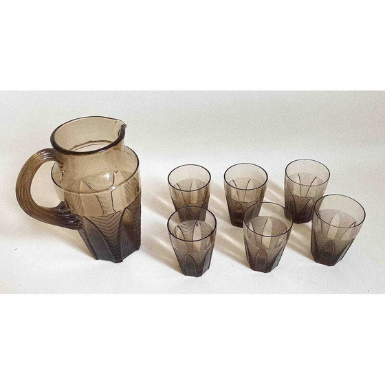 Image 1 of Vintage Art Deco orange service in brown smoked molded pressed glass