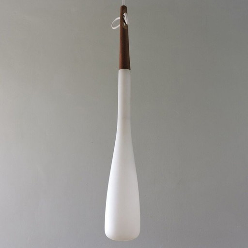 Vintage teak and opaline globe pendant lamp by Uno and Osten Kristiansson, Sweden 1960