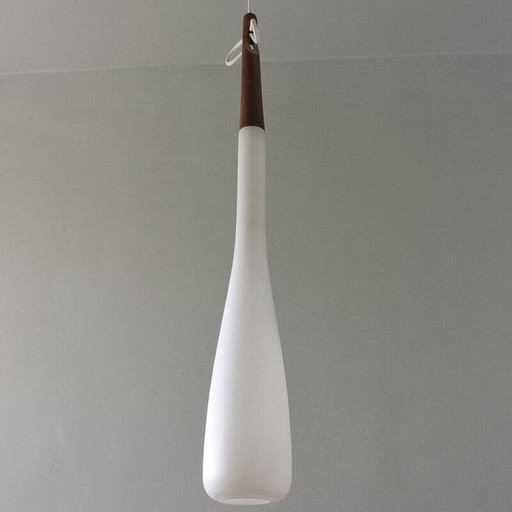Vintage teak and opaline globe pendant lamp by Uno and Osten Kristiansson, Sweden 1960