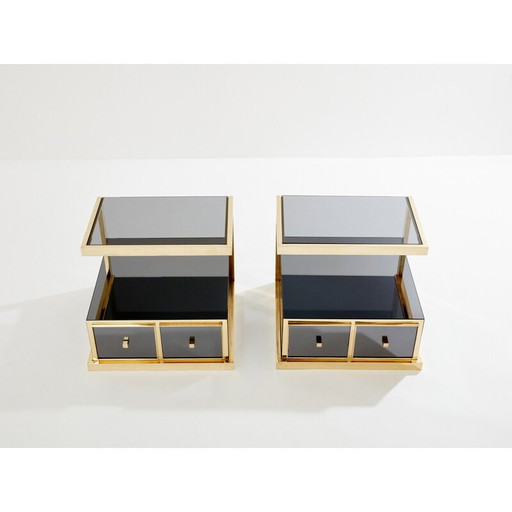 Pair of vintage brass and smoked mirror bedside tables by Michel Pigneres, 1970