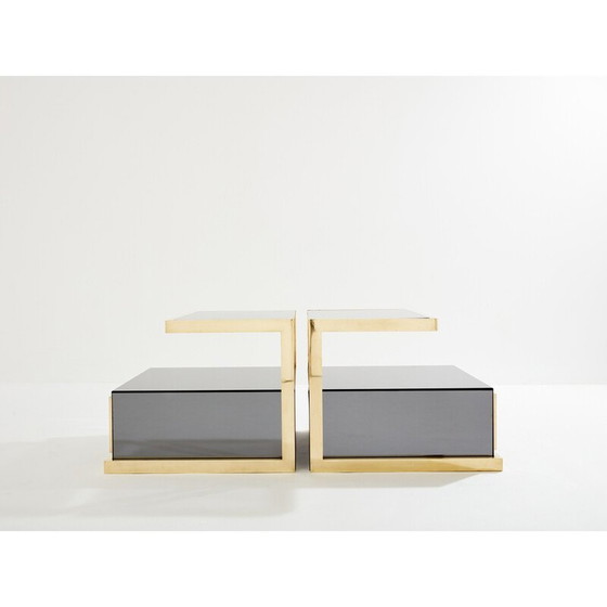 Image 1 of Pair of vintage brass and smoked mirror bedside tables by Michel Pigneres, 1970