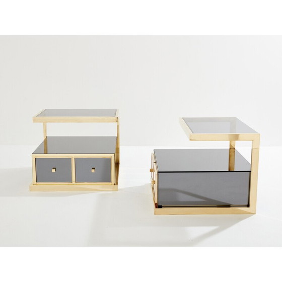 Image 1 of Pair of vintage brass and smoked mirror bedside tables by Michel Pigneres, 1970
