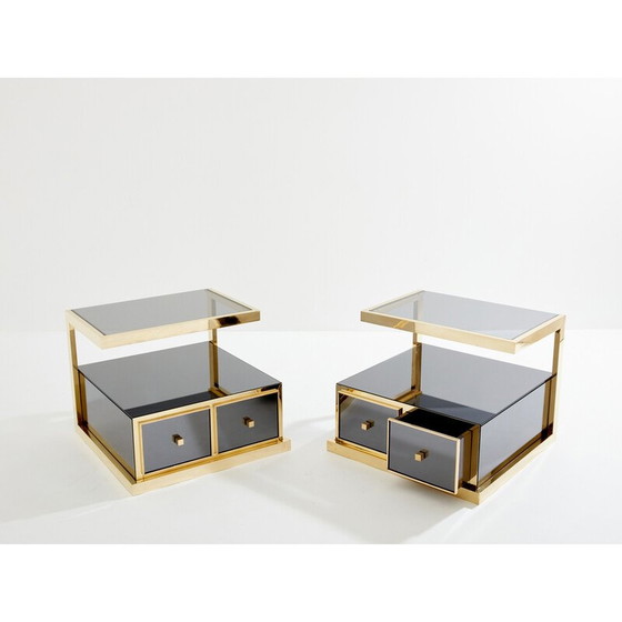 Image 1 of Pair of vintage brass and smoked mirror bedside tables by Michel Pigneres, 1970