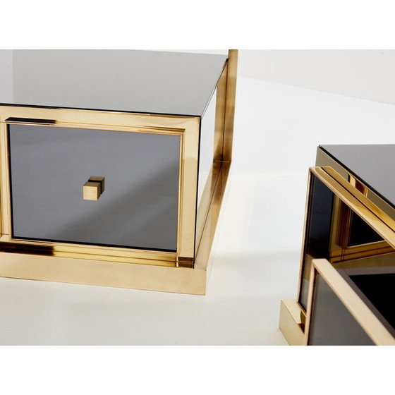 Image 1 of Pair of vintage brass and smoked mirror bedside tables by Michel Pigneres, 1970