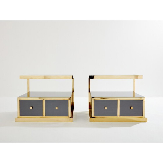 Image 1 of Pair of vintage brass and smoked mirror bedside tables by Michel Pigneres, 1970