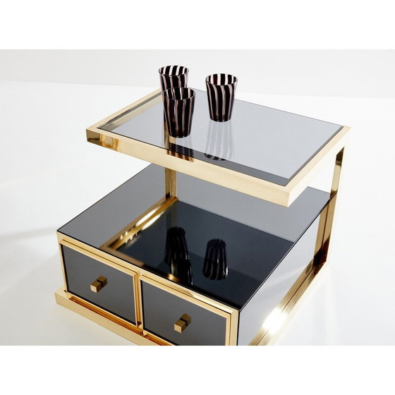 Image 1 of Pair of vintage brass and smoked mirror bedside tables by Michel Pigneres, 1970