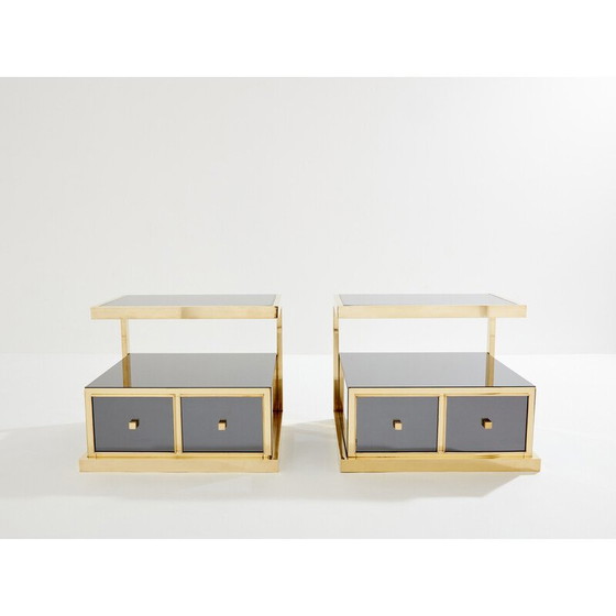 Image 1 of Pair of vintage brass and smoked mirror bedside tables by Michel Pigneres, 1970