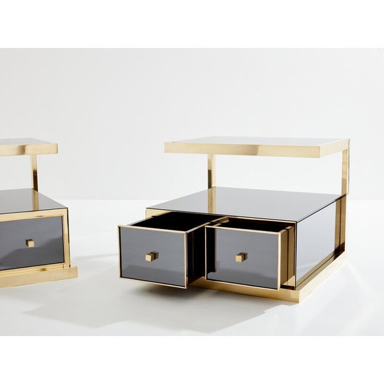 Image 1 of Pair of vintage brass and smoked mirror bedside tables by Michel Pigneres, 1970