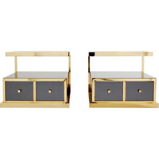 Pair of vintage brass and smoked mirror bedside tables by Michel Pigneres, 1970