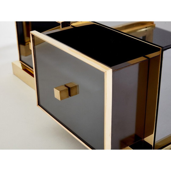 Image 1 of Pair of vintage brass and smoked mirror bedside tables by Michel Pigneres, 1970