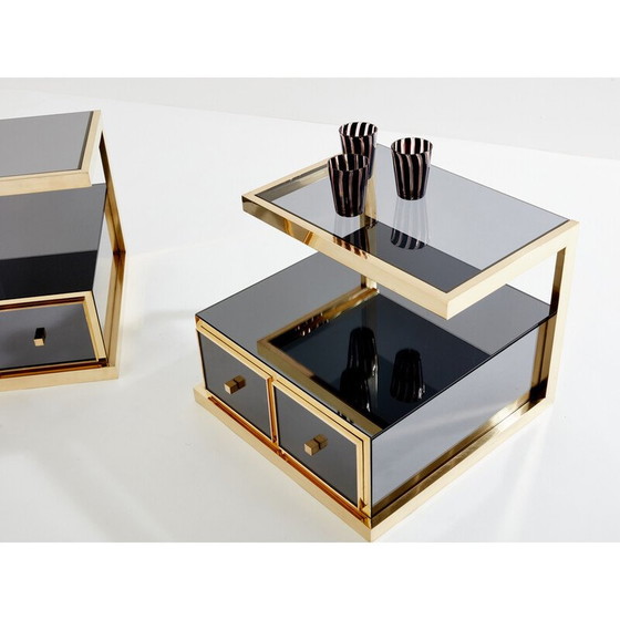 Image 1 of Pair of vintage brass and smoked mirror bedside tables by Michel Pigneres, 1970