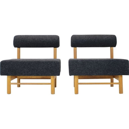 Pair of vintage armchairs in wood and fabric, Czechoslovakia 1970